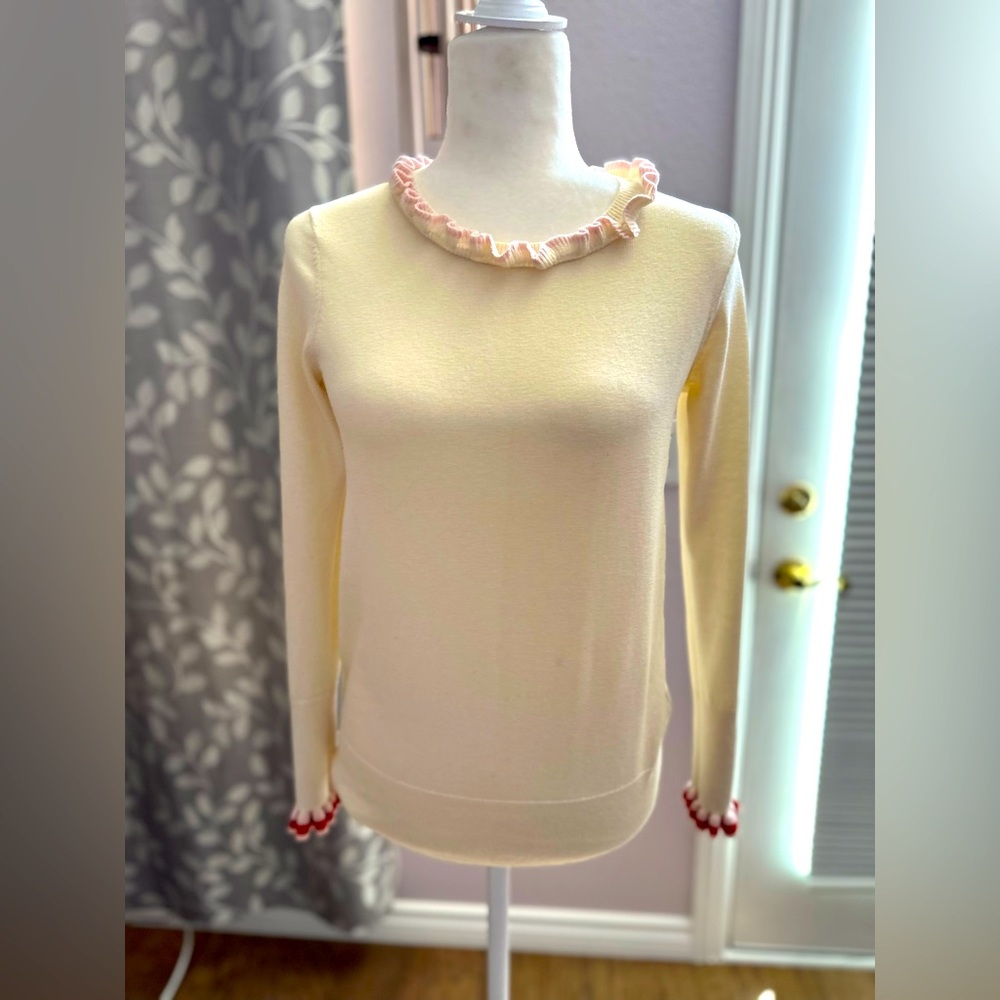 Boden cream white sweater with ruffles at neck and sleeves size 6